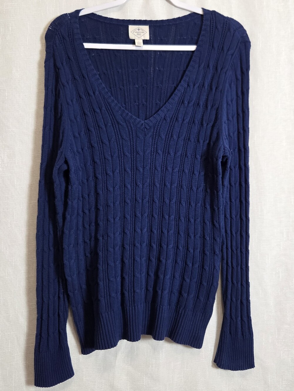 ST JOHN'S  BAY Cotton Cable-Knit V-Neck Sweater - Navy